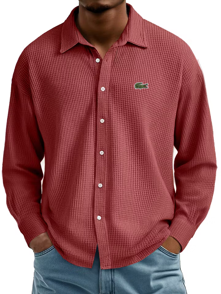Men's Cotton Waffle Lapel Gentleman Casual Comfort Long Sleeve Shirt