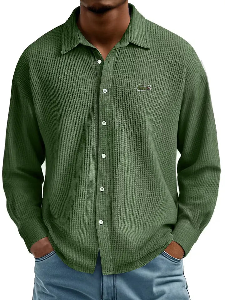 Men's Cotton Waffle Lapel Gentleman Casual Comfort Long Sleeve Shirt