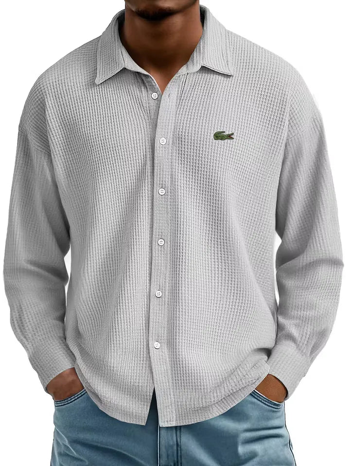 Men's Cotton Waffle Lapel Gentleman Casual Comfort Long Sleeve Shirt