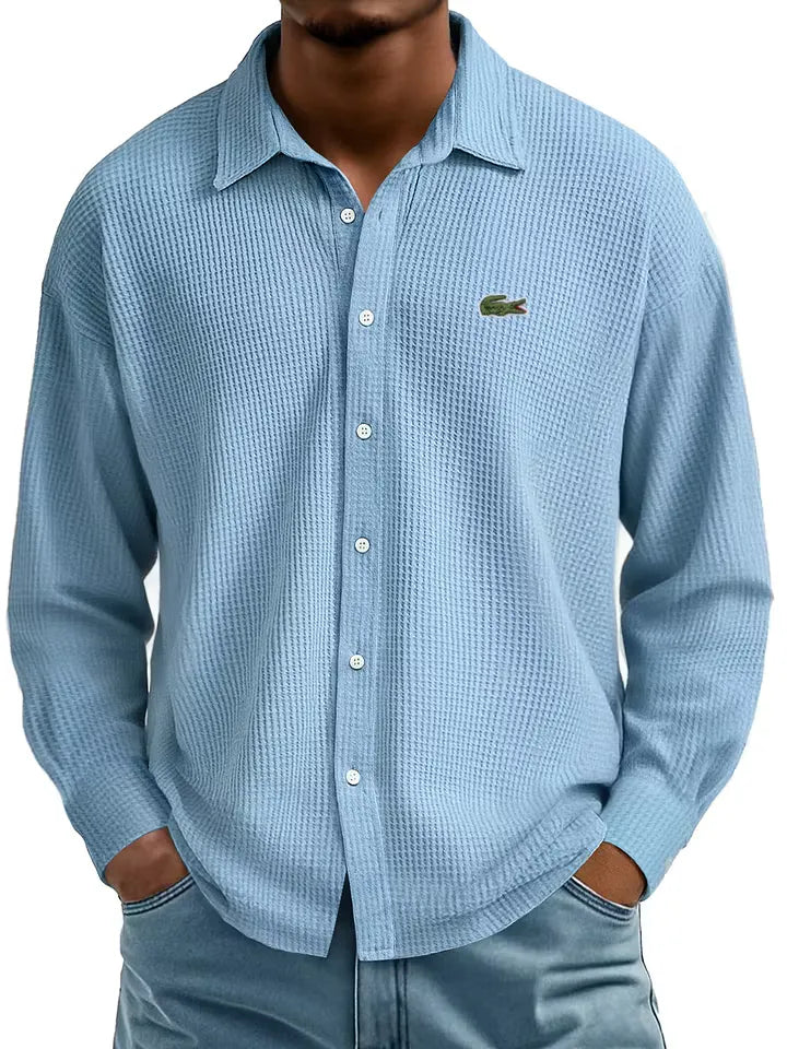 Men's Cotton Waffle Lapel Gentleman Casual Comfort Long Sleeve Shirt