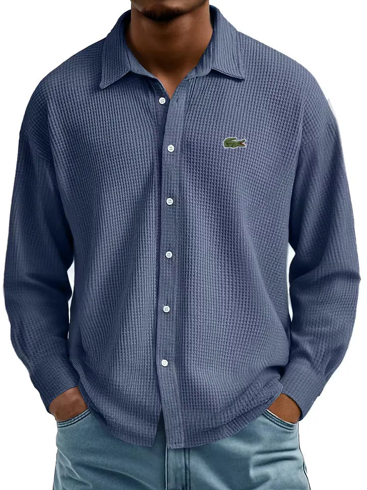 Men's Cotton Waffle Lapel Gentleman Casual Comfort Long Sleeve Shirt