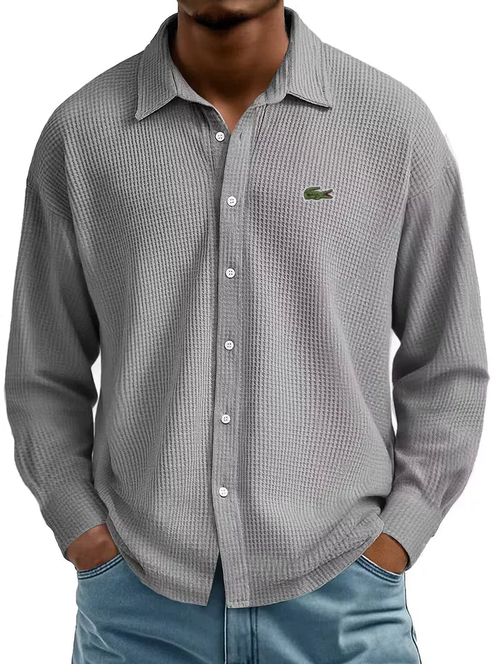Men's Cotton Waffle Lapel Gentleman Casual Comfort Long Sleeve Shirt