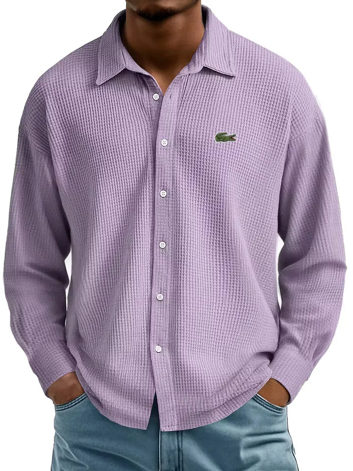Men's Cotton Waffle Lapel Gentleman Casual Comfort Long Sleeve Shirt
