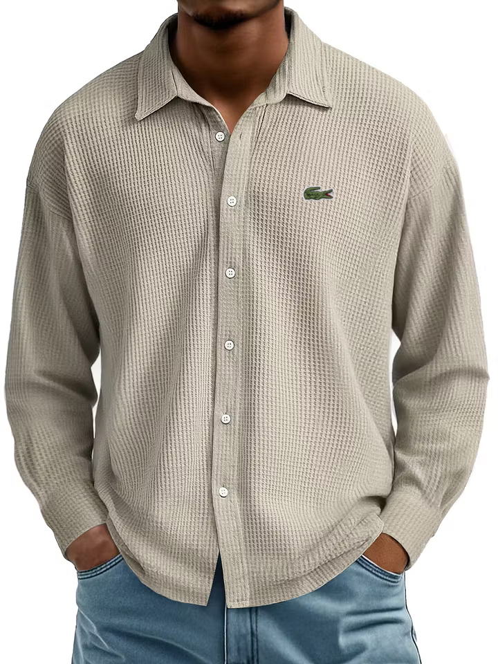 Men's Cotton Waffle Lapel Gentleman Casual Comfort Long Sleeve Shirt