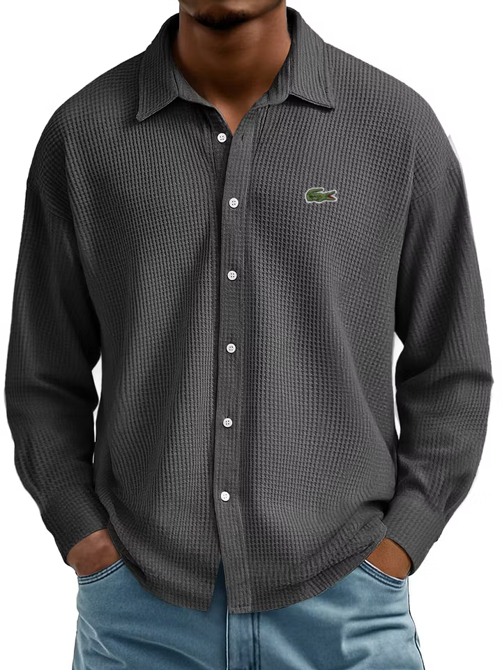 Men's Cotton Waffle Lapel Gentleman Casual Comfort Long Sleeve Shirt