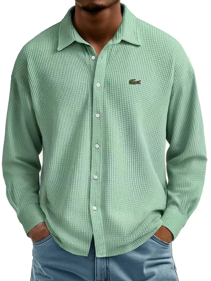 Men's Cotton Waffle Lapel Gentleman Casual Comfort Long Sleeve Shirt