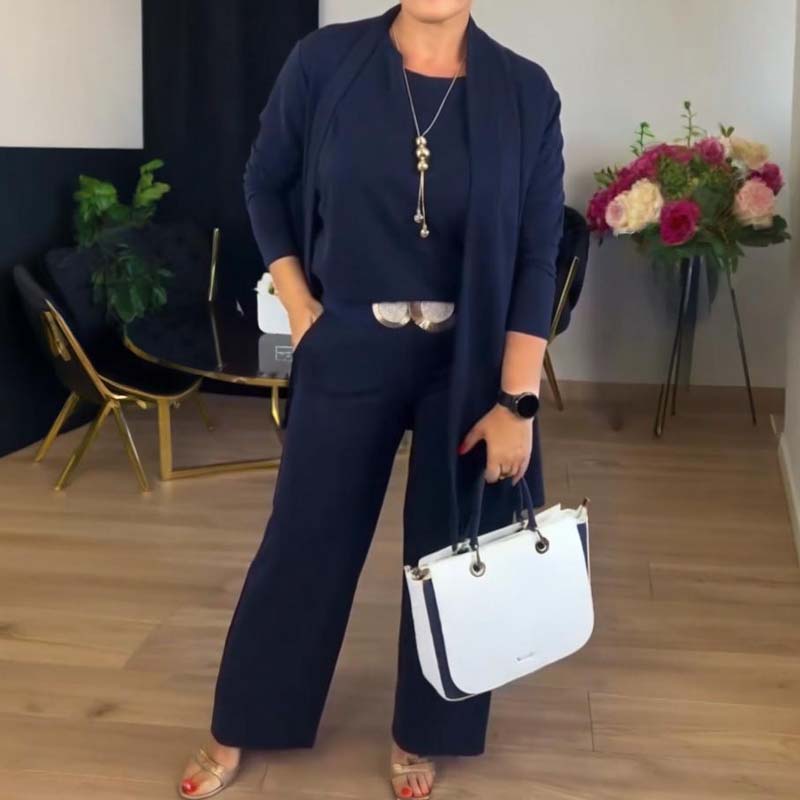 ⏳Oferta especial por tiempo limitado⏰Elegante conjunto de 3 piezas que incluye un cárdigan largo, un top y unos pantalones💞